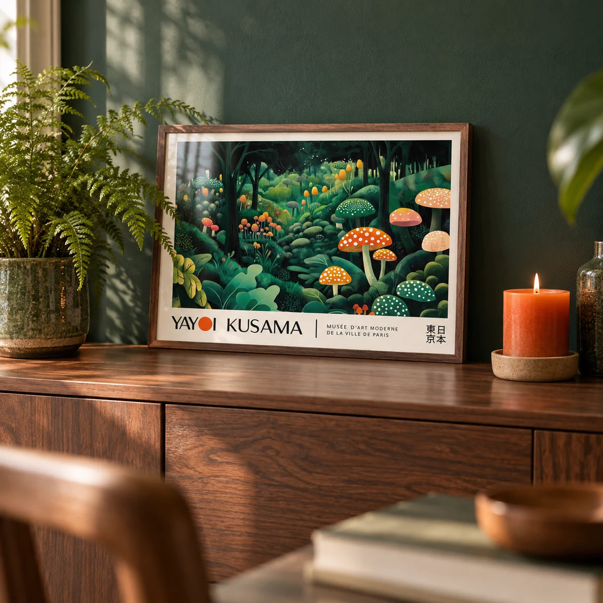 Yayoi Kusama Polka Dots, a small A4 framed print leaning on a walnut sideboard in a living room