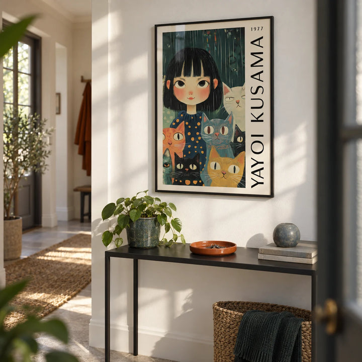 Yayoi Kusama Poster, framed on the wall of a bright hallway with a white wall