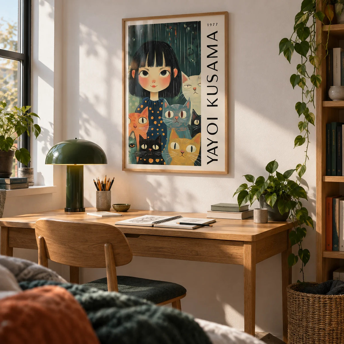 Yayoi Kusama Poster, framed on the wall of a calm study corner in a young adult's room (18-25) with a white wall