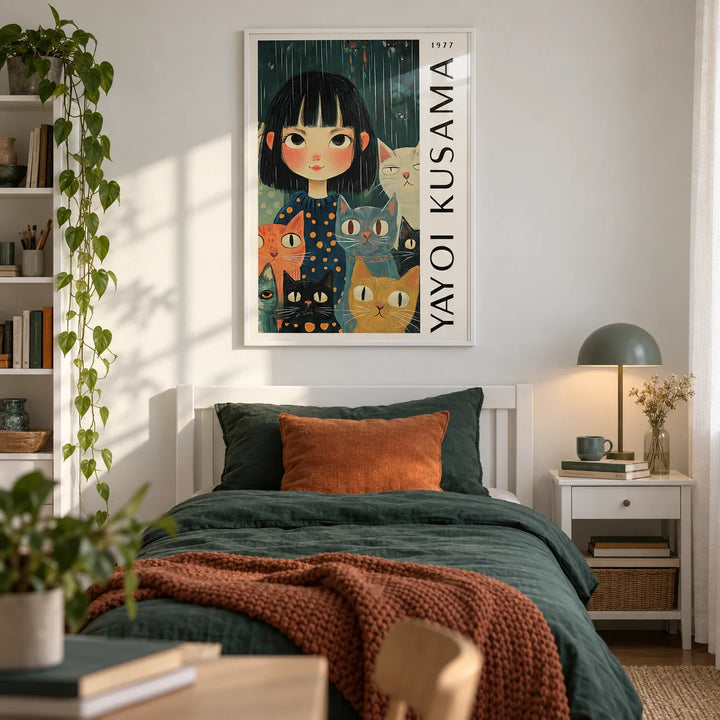 Yayoi Kusama Poster, framed on the wall of a calm teen girl's bedroom (13-17) with a soft white wall