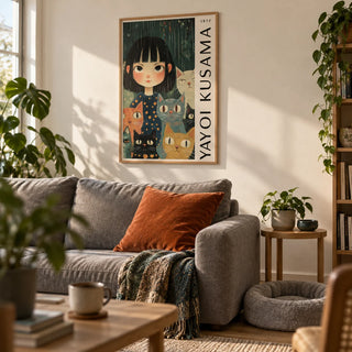 Yayoi Kusama Poster, framed on the wall of a cosy first-flat living room (22-28) with a warm white wall