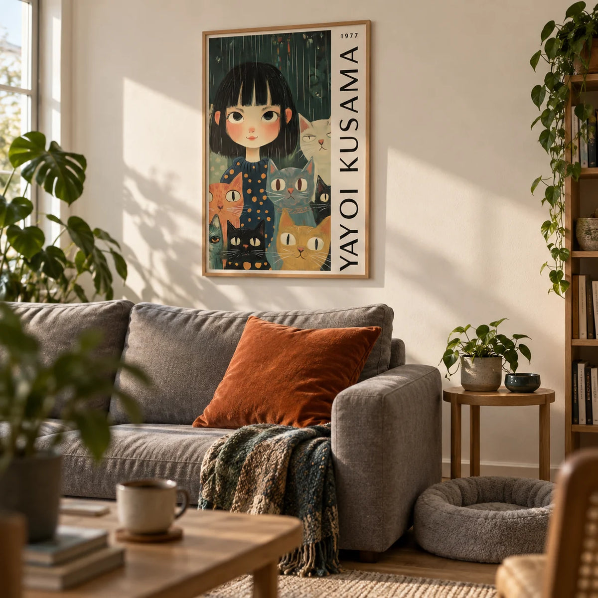 Yayoi Kusama Poster, framed on the wall of a cosy first-flat living room (22-28) with a warm white wall