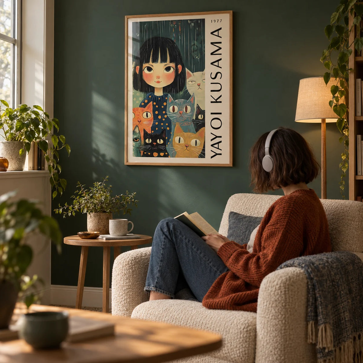 Yayoi Kusama Poster, framed on the wall of a cosy reading corner with a dark green painted wall in a living room