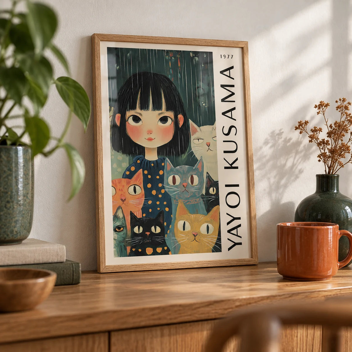 Yayoi Kusama Poster, a small A4 framed print leaning on an oak shelf in a living room