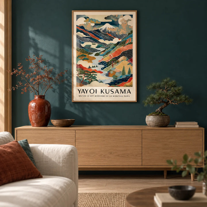 Yayoi Kusama Print, framed on the wall of a calm Japandi living room with a deep teal painted wall and a pale oak floor