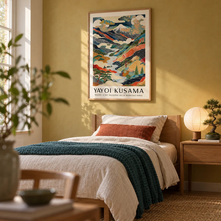 Yayoi Kusama Print, framed on the wall of a calm single guest bedroom with a soft mustard limewashed wall