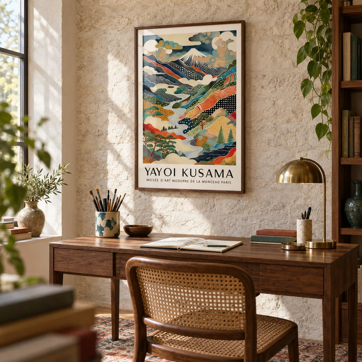 Yayoi Kusama Print, framed on the wall of a characterful home study with a pale stone wall