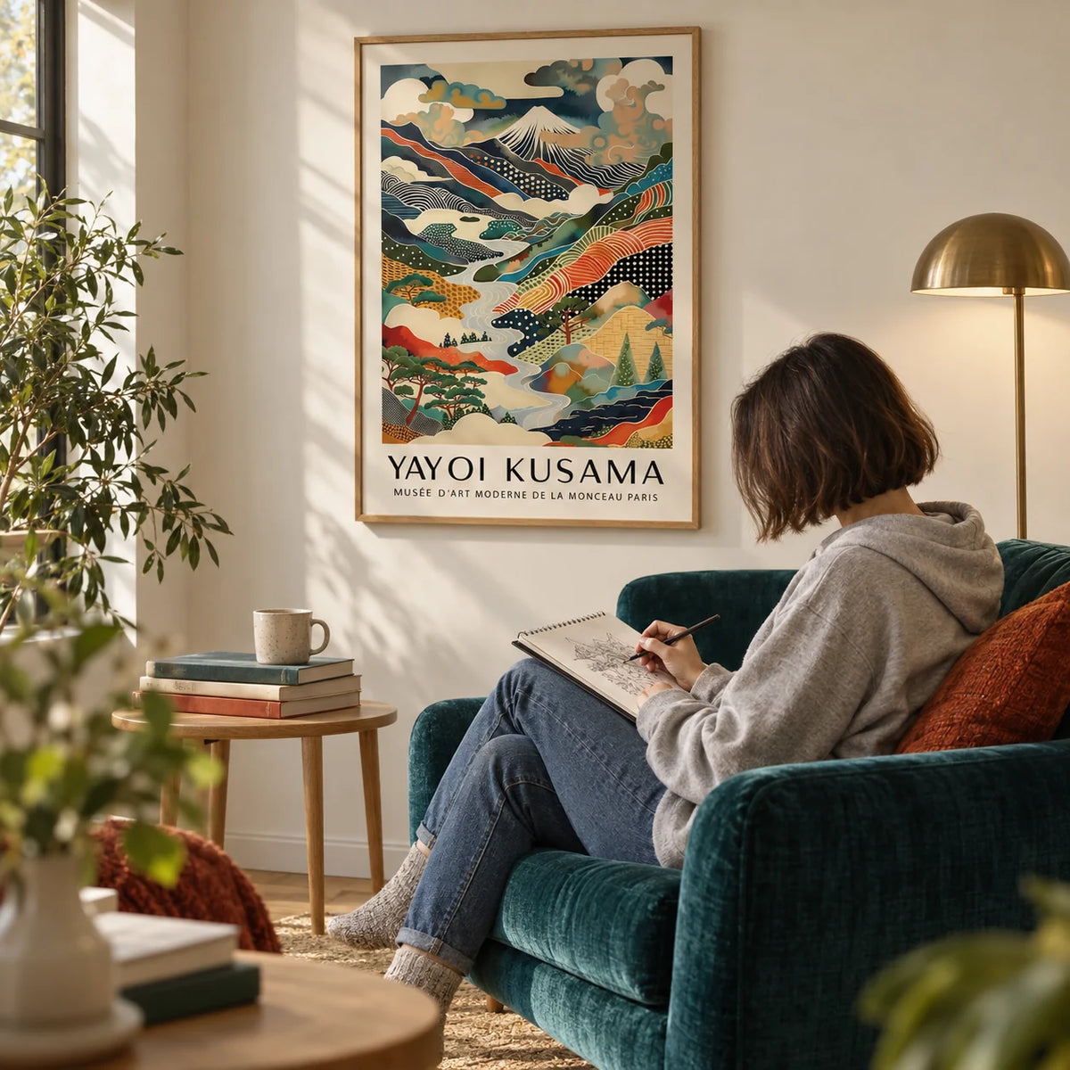 Yayoi Kusama Print, framed on the wall of a reading corner in a design-led flat with a soft cream wall in a living room