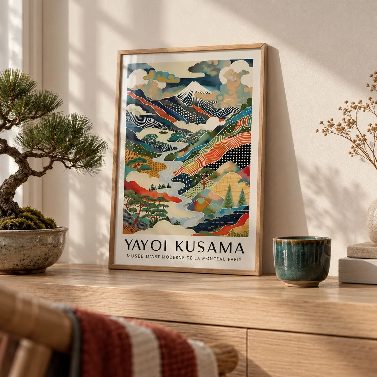 Yayoi Kusama Print, a small A4 framed print leaning on a pale oak shelf in a living room