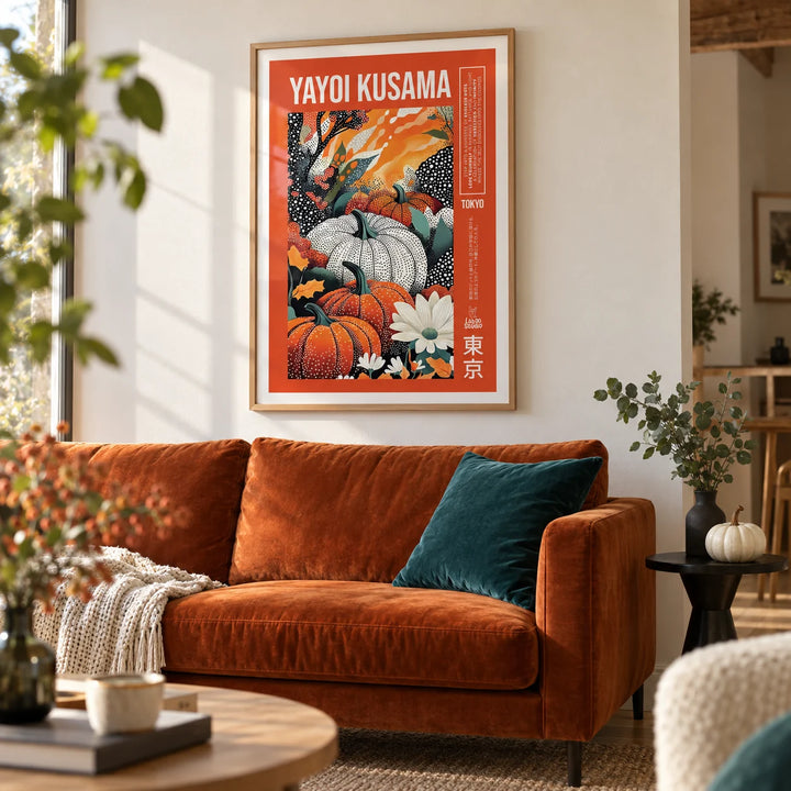 Yayoi Kusama Pumpkin Print, framed on the wall of a cosy living room with a warm white wall and an oak floor