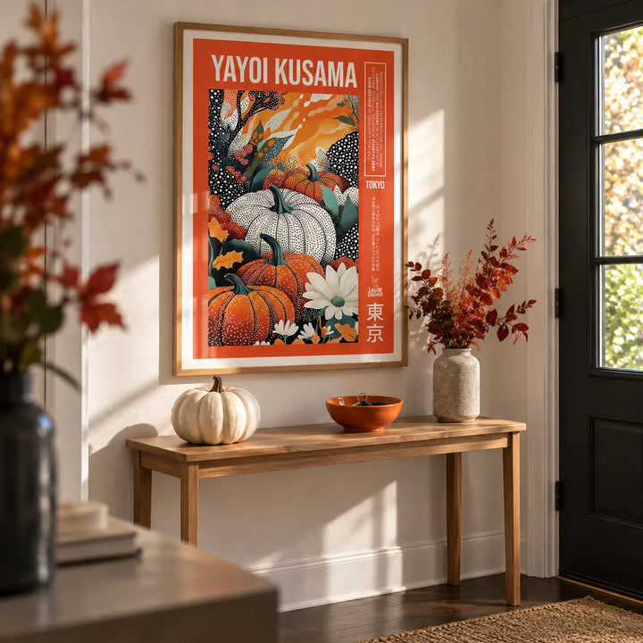 Yayoi Kusama Pumpkin Print, framed on the wall of an entrance hall with a soft white wall and a dark wood floor