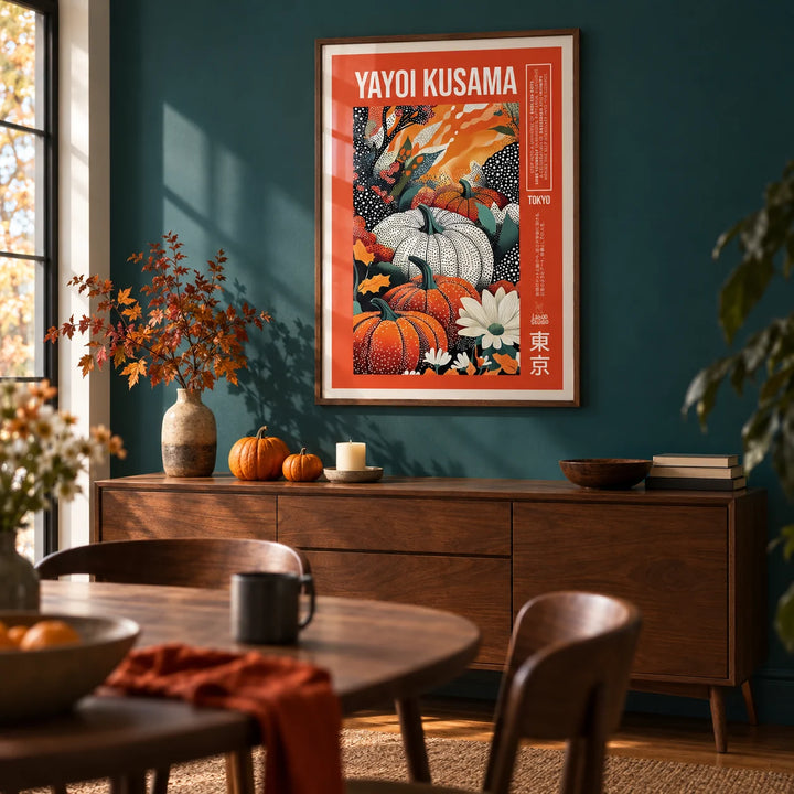 Yayoi Kusama Pumpkin Print, framed on the wall of a warm dining room with a deep teal painted wall