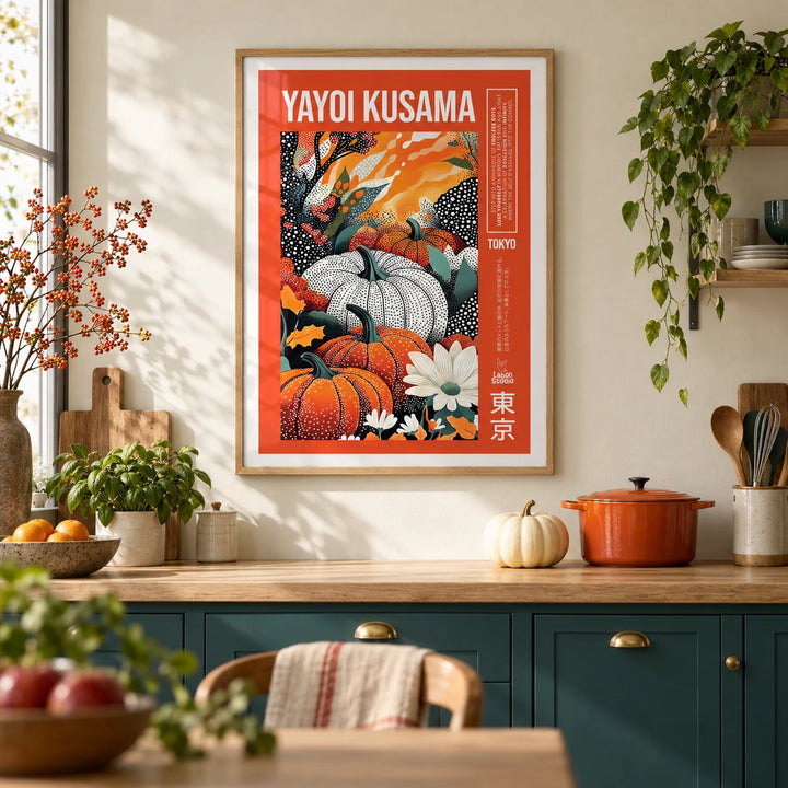 Yayoi Kusama Pumpkin Print, framed on the wall of a warm modern kitchen with a cream wall and deep teal painted cabinets