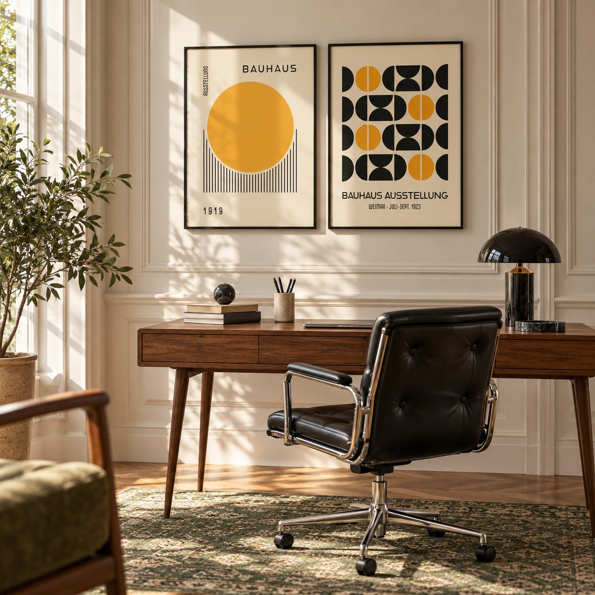 Yellow and Black Bauhaus Prints Set of 2 styled above a walnut desk in a cream panelled home office: Golden Dawn and Bauhaus Symmetry shown framed side by side (frames not included)