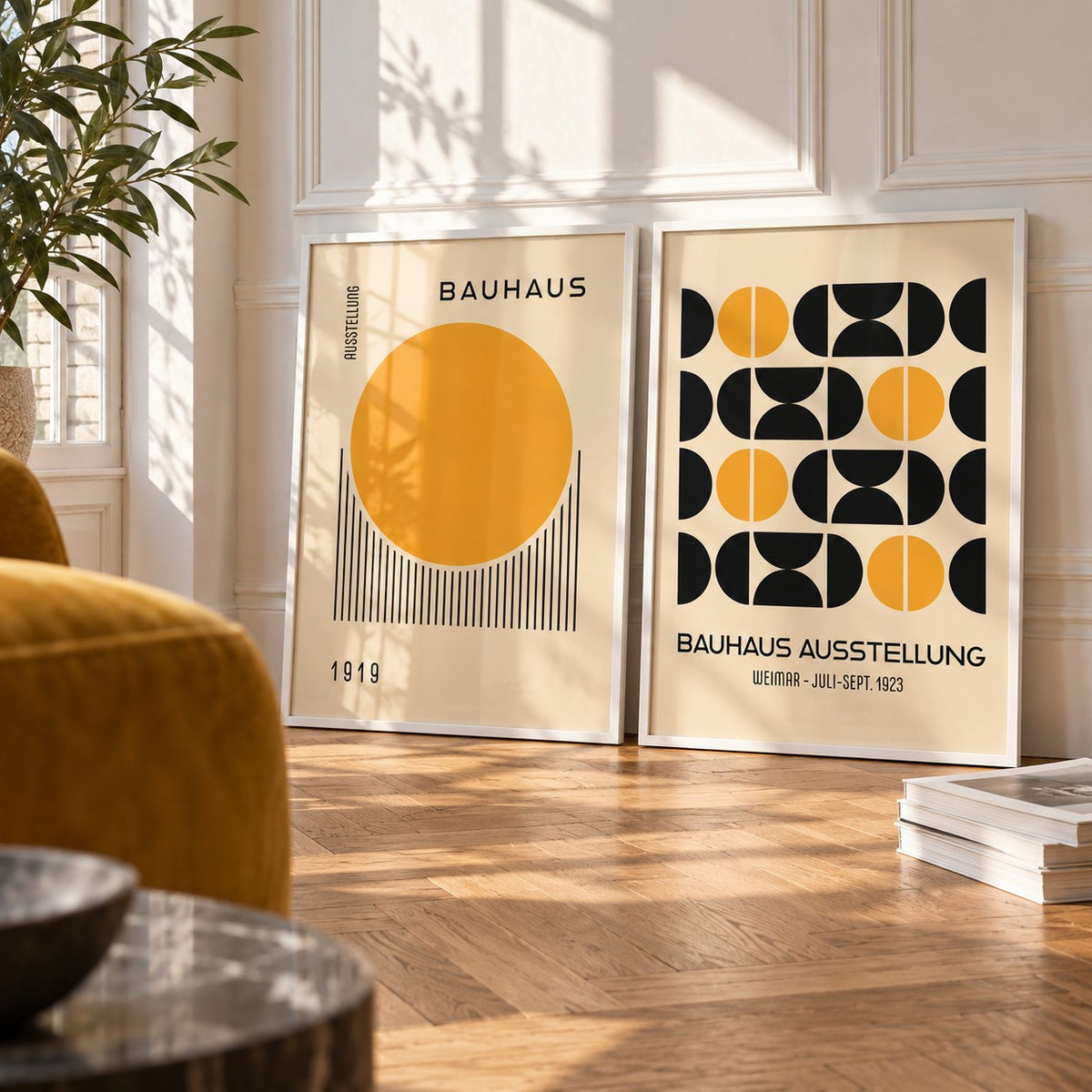 Yellow and Black Bauhaus Prints Set of 2 styled against a white panelled wall behind a mustard velvet armchair: Golden Dawn and Bauhaus Symmetry shown framed side by side (frames not included)