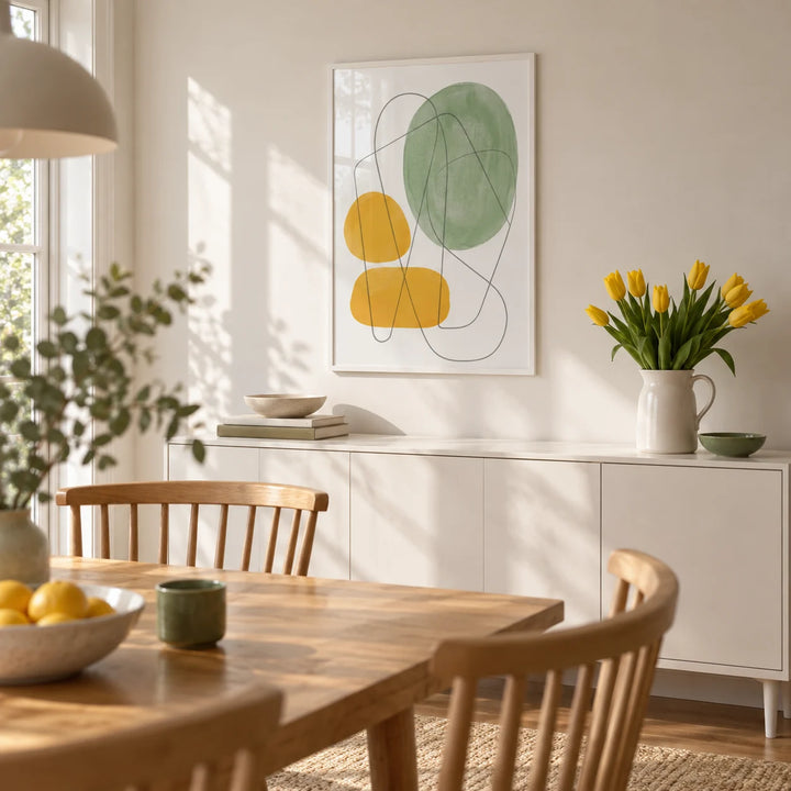 Yellow And Green Print, framed on the wall of a bright dining room