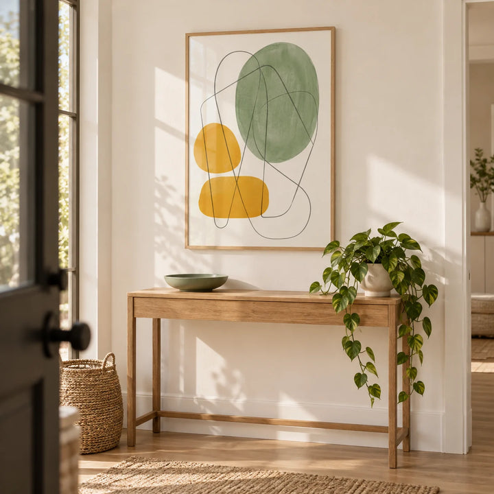 Yellow And Green Print, framed on the wall of a bright entryway with a warm white wall