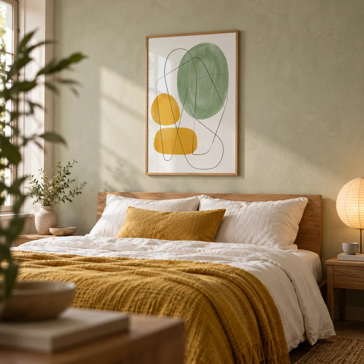 Yellow And Green Print, framed on the wall of a calm bedroom with a pale sage limewashed wall