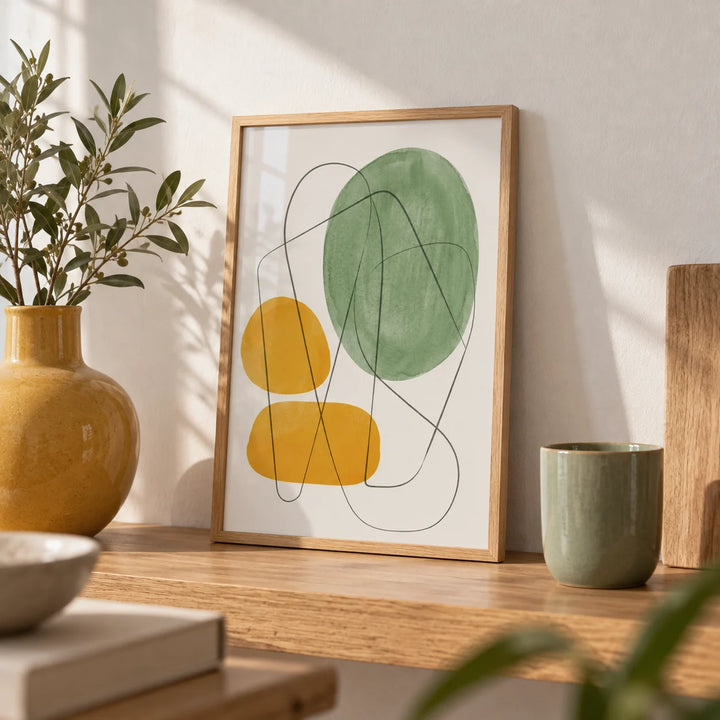 Yellow And Green Print, a small A4 framed print leaning on an oak shelf in a living room