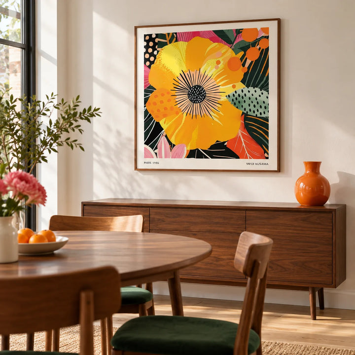 Yellow Flower Art, framed on the wall of a bright modern dining room in a renovated terraced house with warm white walls