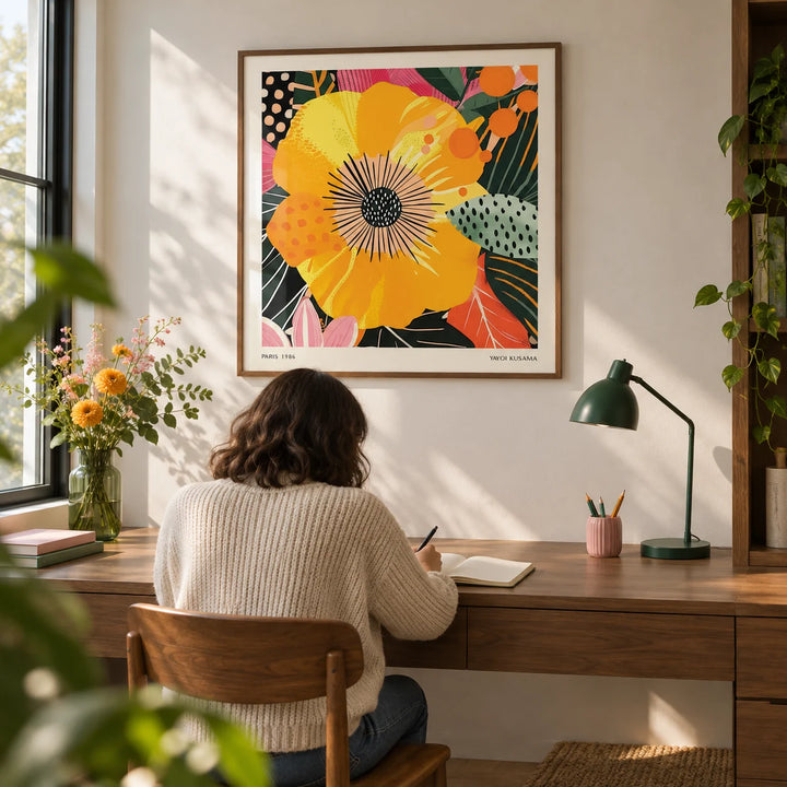 Yellow Flower Art, framed on the wall of a compact creative home study with a soft white wall and a built-in walnut desk