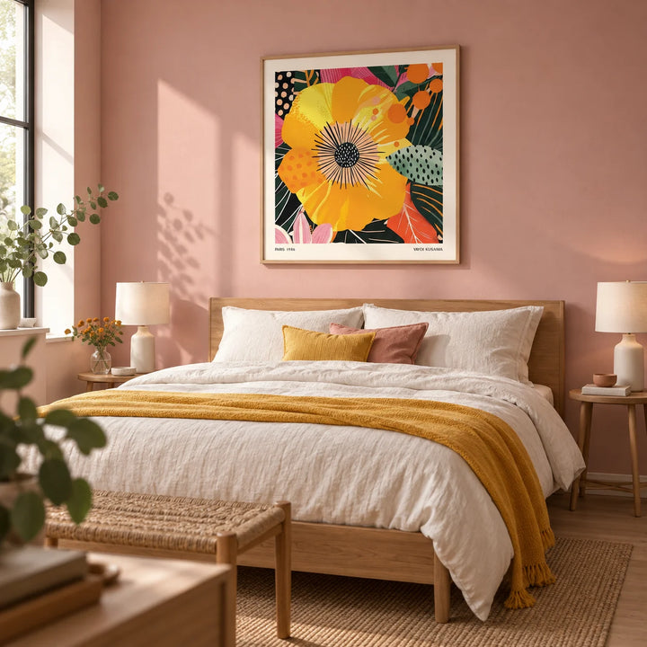 Yellow Flower Art, framed on the wall of a contemporary bedroom with a muted pink painted wall and pale oak floor