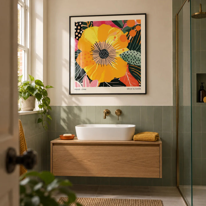 Yellow Flower Art, framed on the wall of a modern bathroom in a UK townhouse with a warm white upper wall and plain sage green tiles below