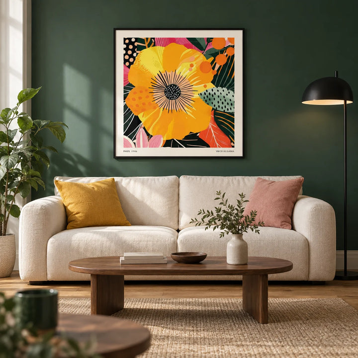 Yellow Flower Art, framed on the wall of a modern living room in a UK city flat with a deep green wall and oak floor