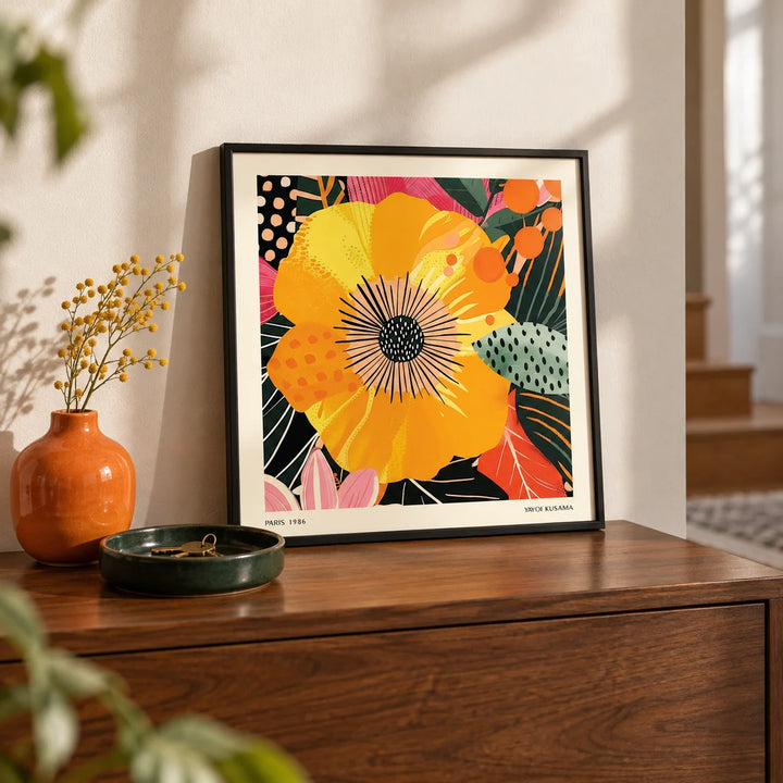 Yellow Flower Art, a small A4 framed print leaning on a walnut hallway side table