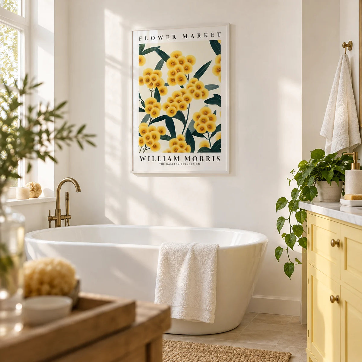 Yellow Flower Wall Art, framed on the wall of a bright bathroom with plain white walls and a soft yellow painted vanity