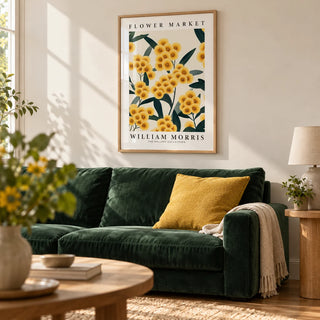 Yellow Flower Wall Art, framed on the wall of a bright living room with a warm white wall