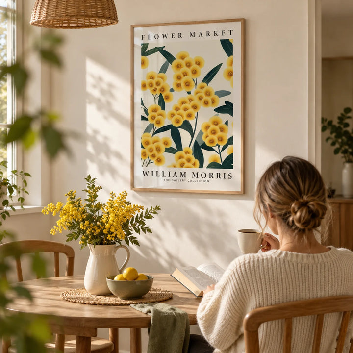 Yellow Flower Wall Art, framed on the wall of a sunny dining corner with a cream wall
