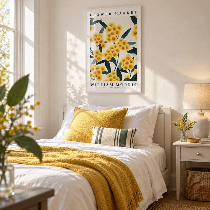 Yellow Flower Wall Art, framed on the wall of a sunny single guest bedroom with a soft white wall