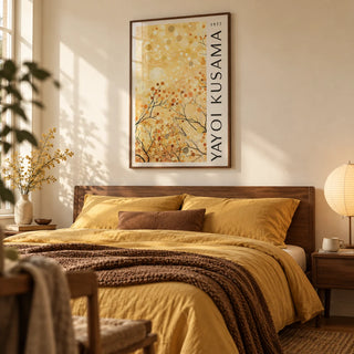 Yellow Nature Art, framed on the wall of a calm warm bedroom with a soft cream wall