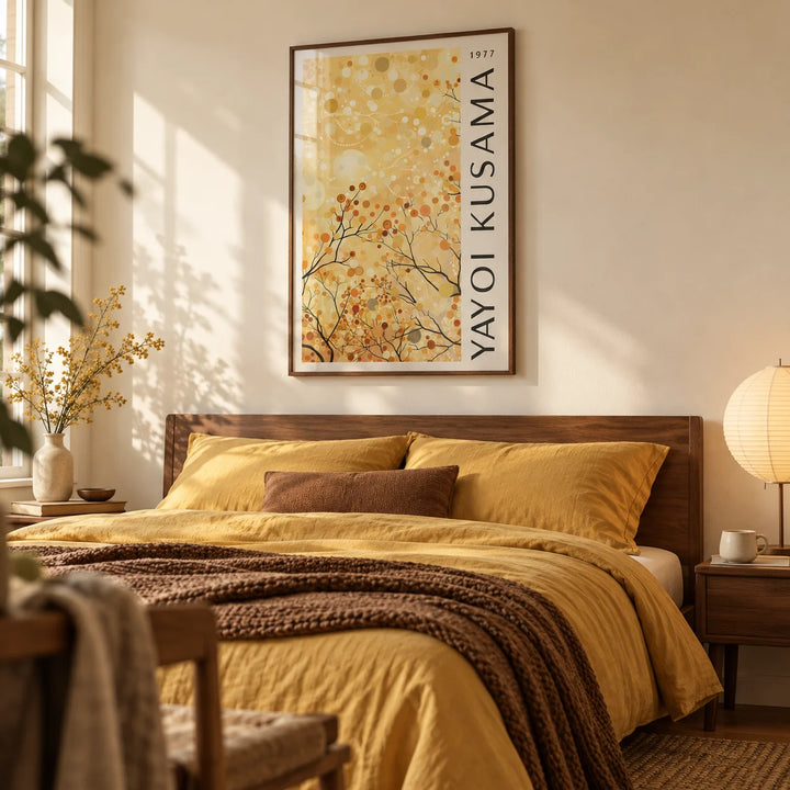 Yellow Nature Art, framed on the wall of a calm warm bedroom with a soft cream wall