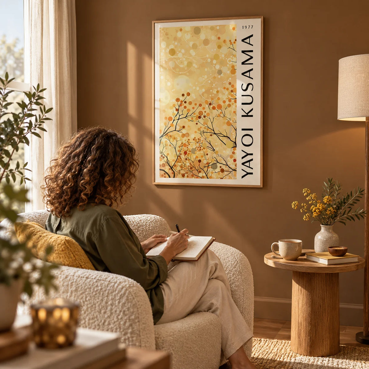 Yellow Nature Art, framed on the wall of a quiet reading corner with a warm brown painted wall in a living room