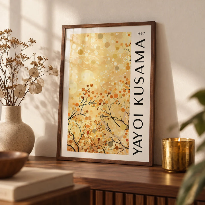 Yellow Nature Art, a small A4 framed print leaning on a walnut shelf in a living room
