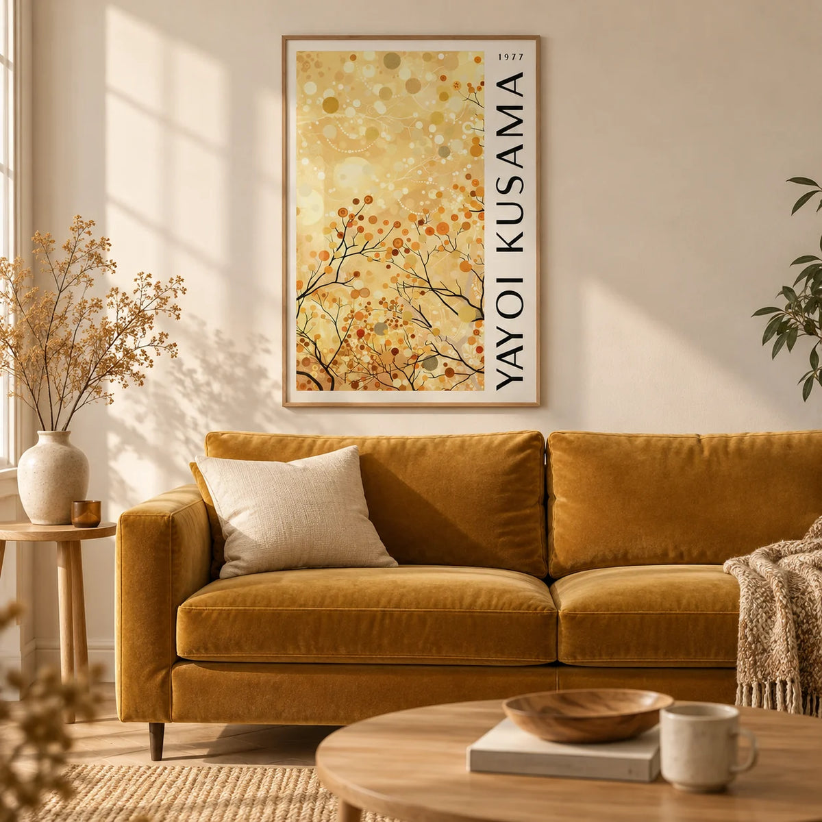 Yellow Nature Art, framed on the wall of a warm living room with a cream wall and a light oak floor