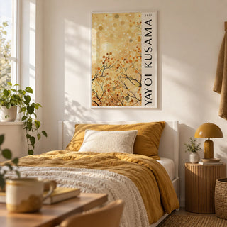 Yellow Nature Art, framed on the wall of a warm single bedroom for a young adult (18-25) with a white wall