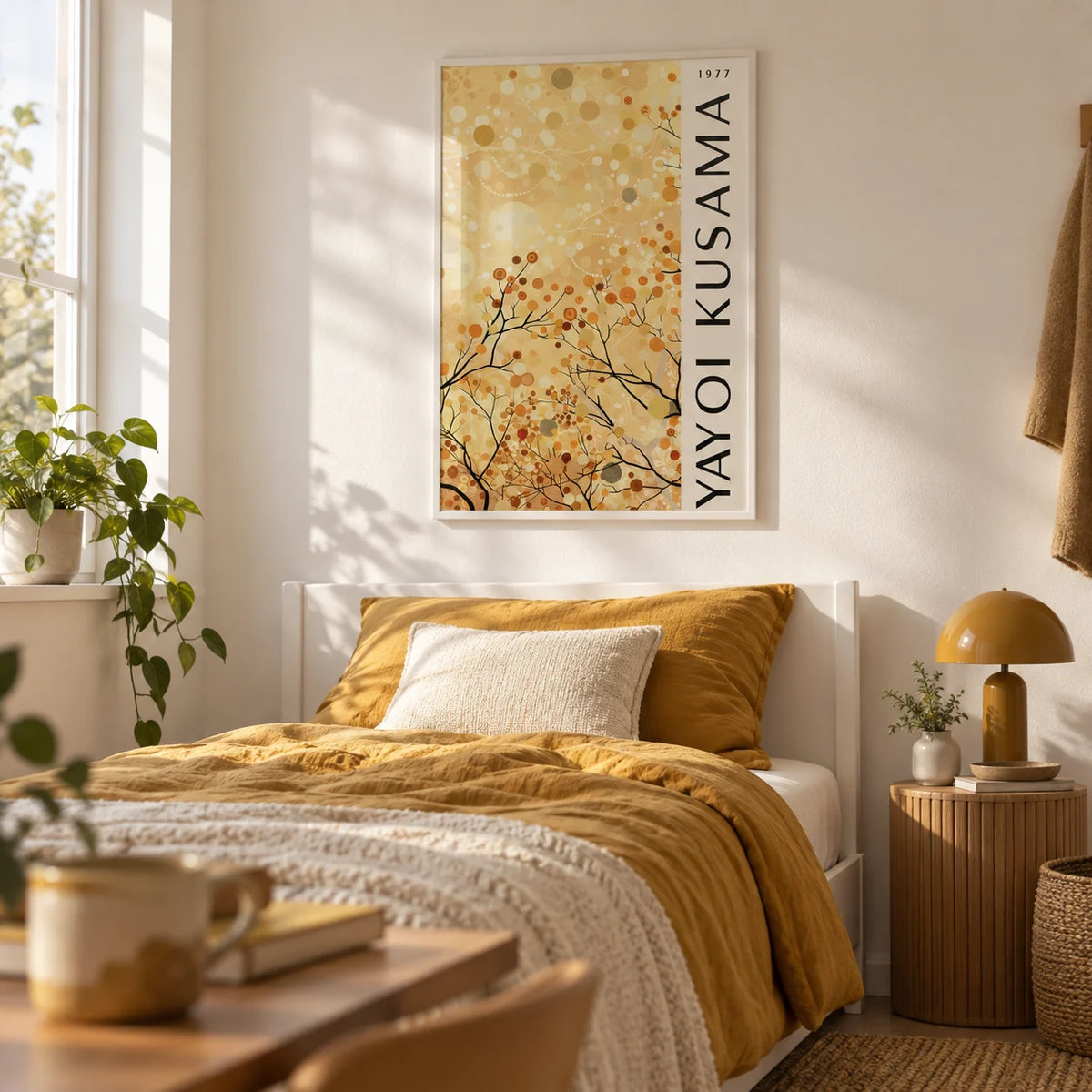 Yellow Nature Art, framed on the wall of a warm single bedroom for a young adult (18-25) with a white wall