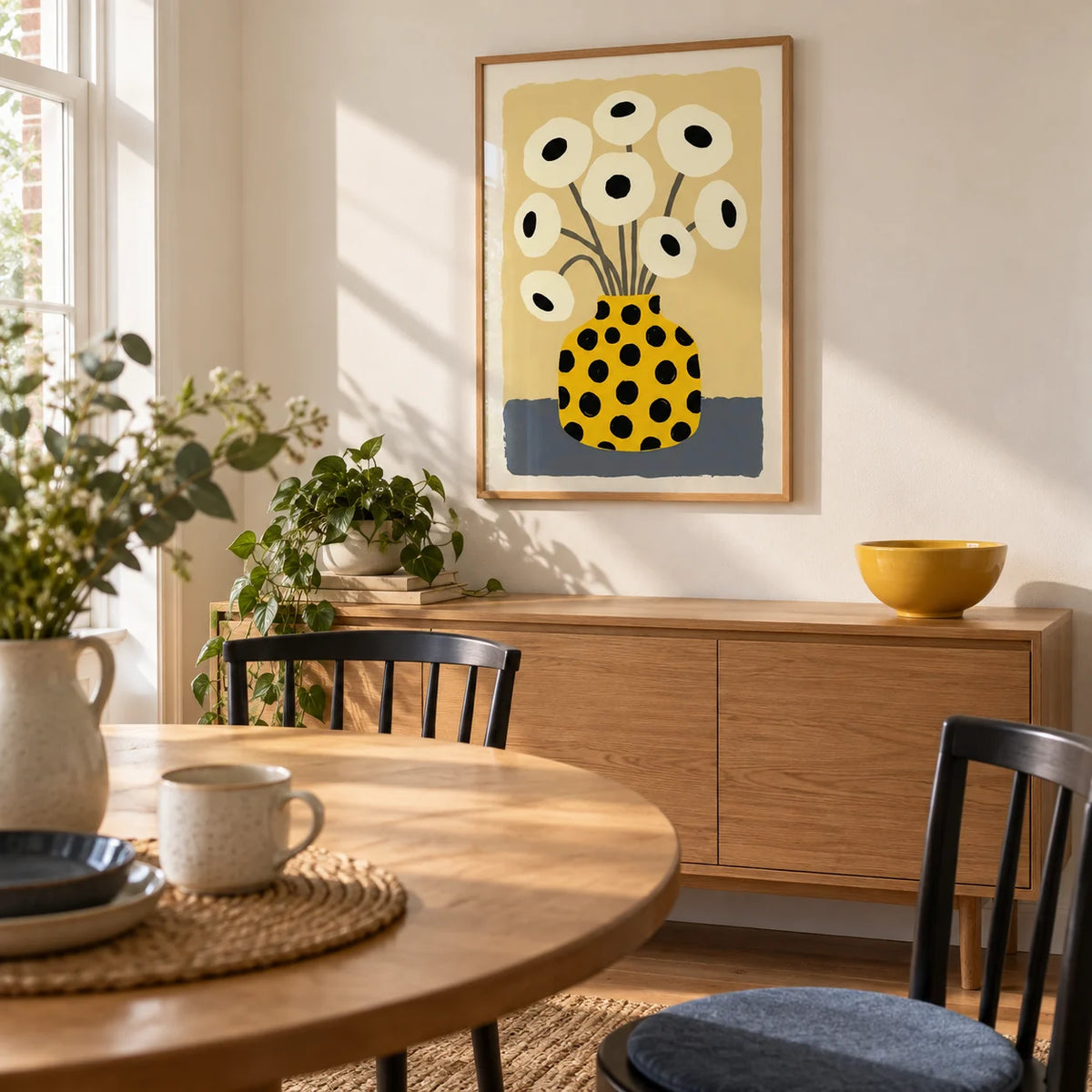 Yellow Vase Poster, framed on the wall of a bright dining room in a renovated UK terrace with pale cream walls