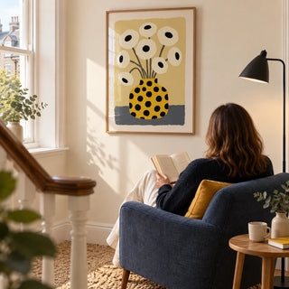 Yellow Vase Poster, framed on the wall of a bright reading corner on a wide landing in a UK townhouse with a warm cream wall in a living room