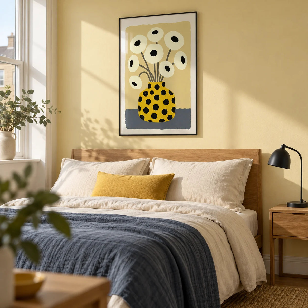 Yellow Vase Poster, framed on the wall of a modern bedroom in a UK flat with a pale buttery yellow wall