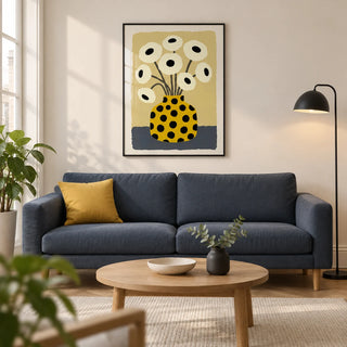 Yellow Vase Poster, framed on the wall of a modern living room in a UK city flat with warm white walls and oak floorboards