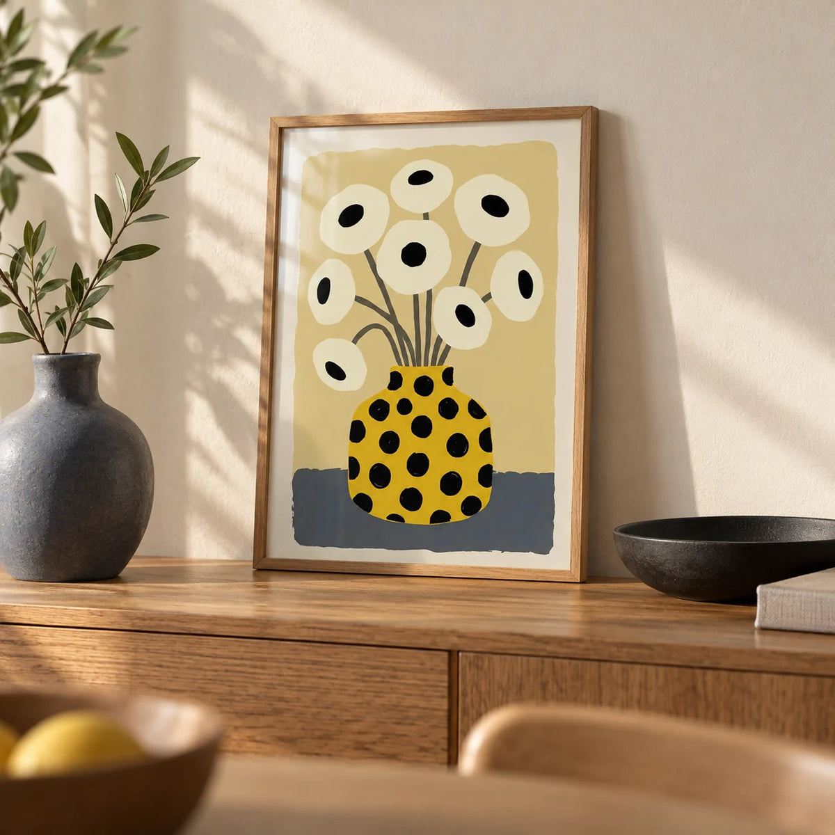Yellow Vase Poster, a small A4 framed print leaning on an oak side table in a hallway