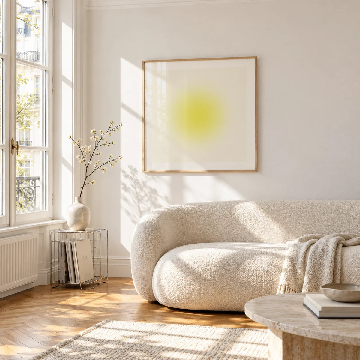 Yellow Wall Art, framed on the wall of a bright living room corner