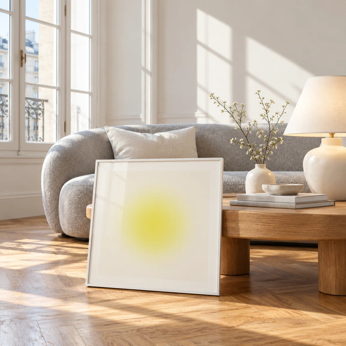 Yellow Wall Art, framed and leaning against a coffee table in a bright living room