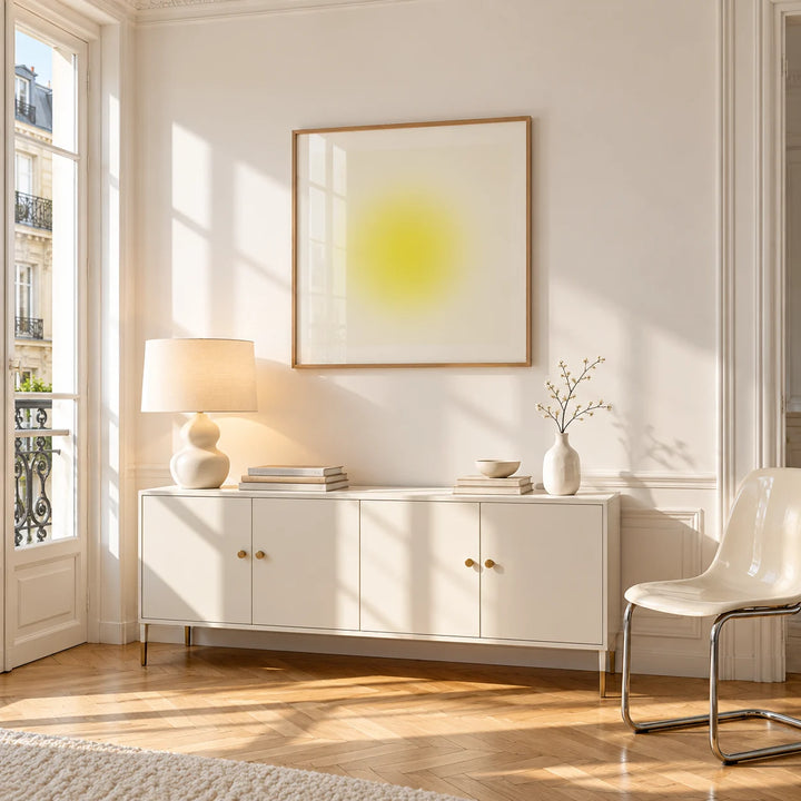 Yellow Wall Art, framed on the wall of a bright Paris style apartment in a living room
