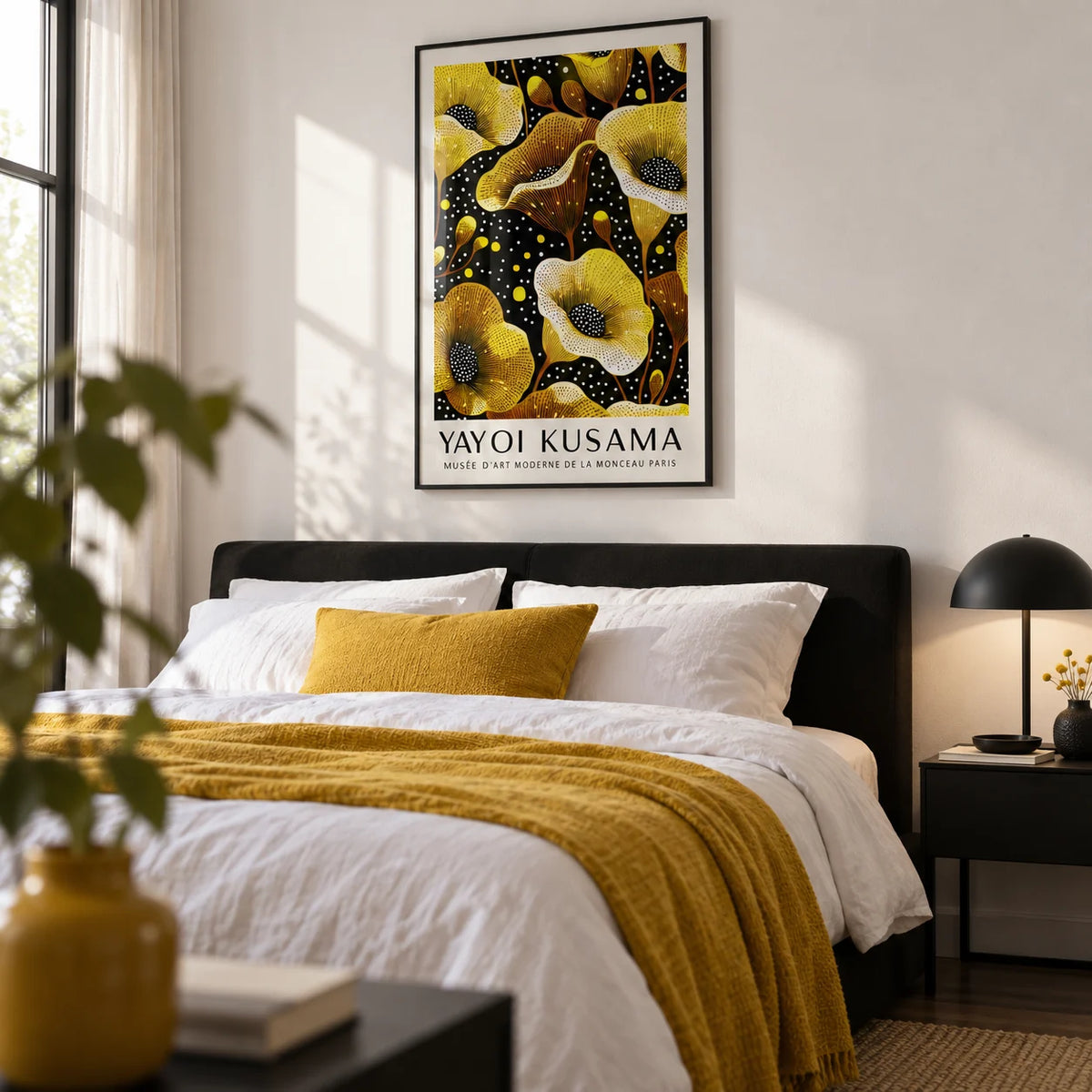 Yellow Wall Decor, framed on the wall of a crisp monochrome bedroom with a white wall