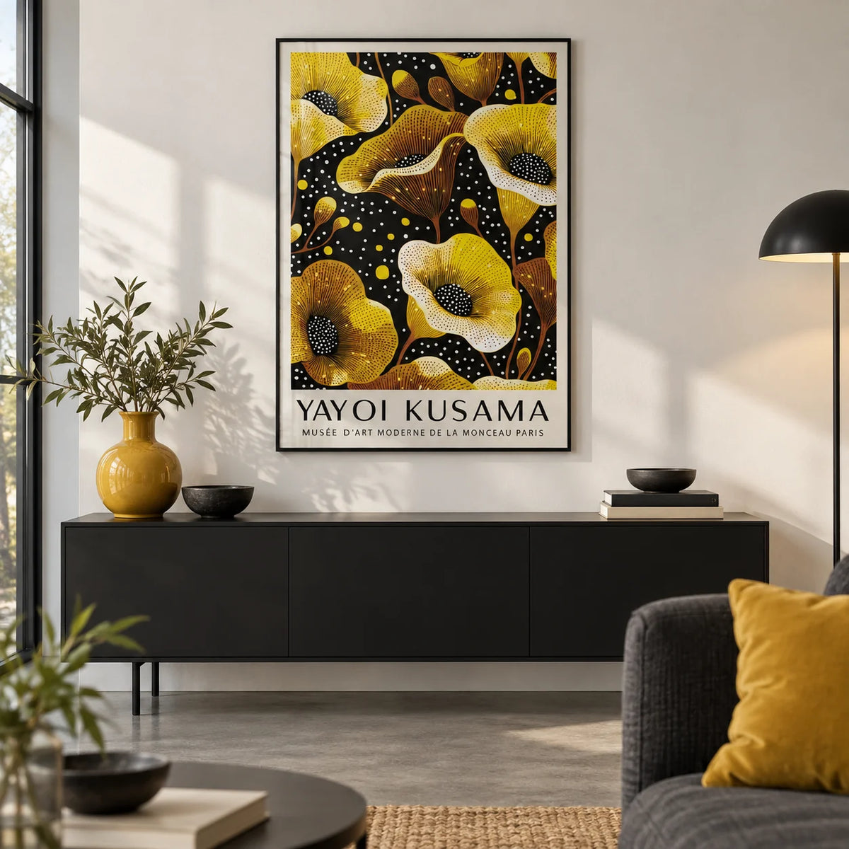 Yellow Wall Decor, framed on the wall of a design-led city flat living room with a white wall and a polished concrete floor